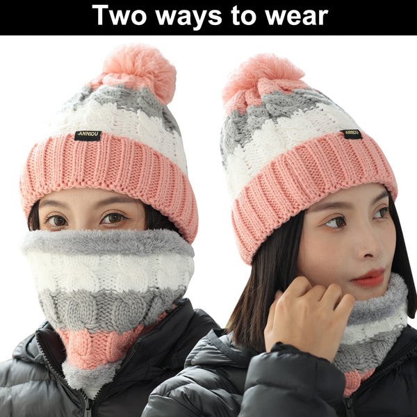 Sidiou Group Anniou Women Knitted Hat Scarf Set Winter Warm Thicken Pom Pom Knitted Beanie Hat Fleece Lining Fashion Outdoor Cycling Windproof Knit Earmuff Cap Scarves