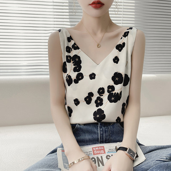 Personality Fashion Floral Printed Suspender Vest Women's Outer Wear Tube Top Loose Fitting Tank Ladies V Neck Ice Silk Clothing