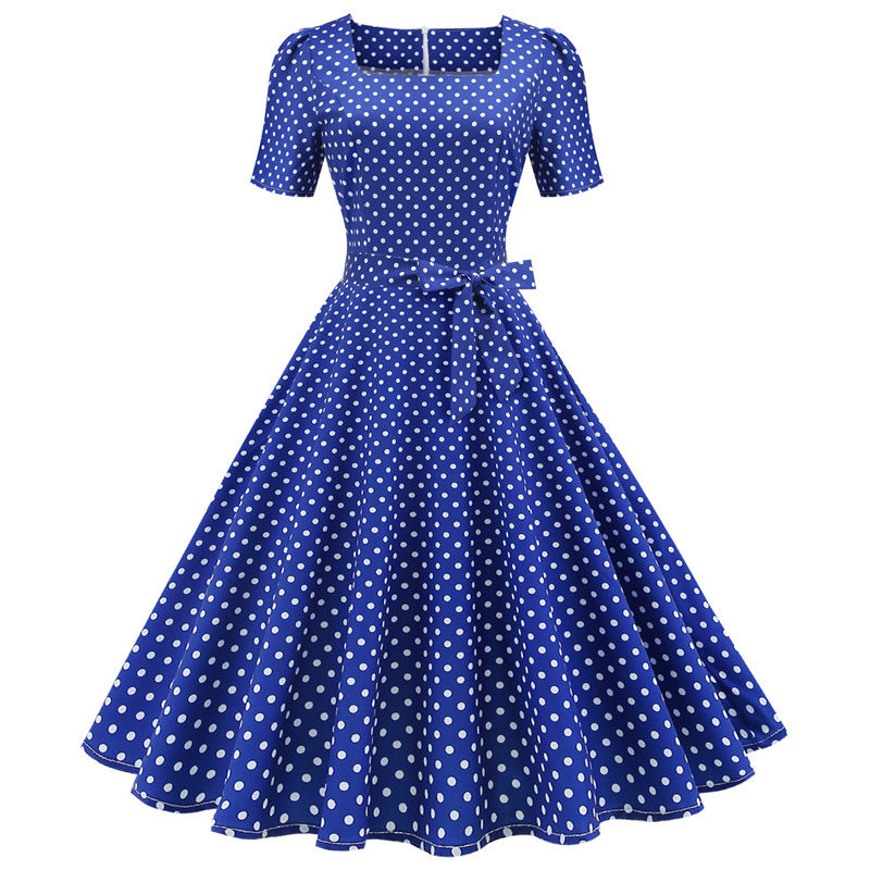 Summer Casual Women's Clothes Square Collar Polka Dot Print Midi Dress Short Sleeve Lady Vintage Dresses With Zipper With Belt