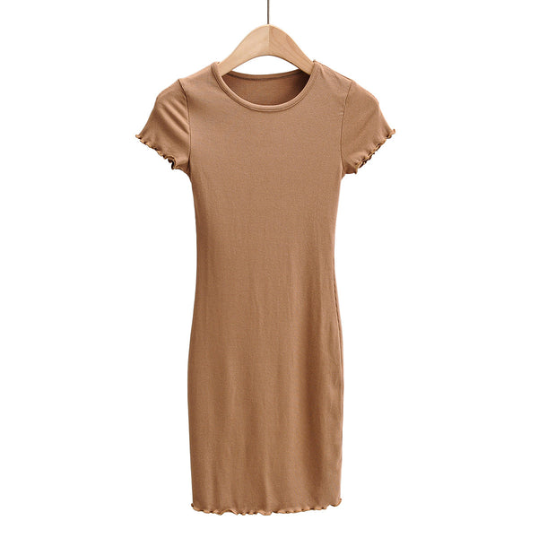Wholesale Fashion Designer Ladies O Neck Solid Color Dress Stringy Selvedge Short Sleeve  Bodycon Midi Dresses For Women