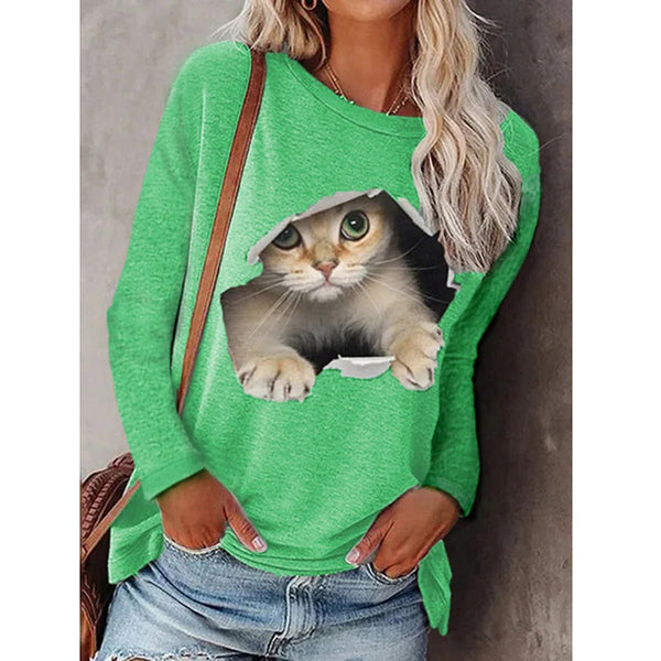 Sidiou Group High Quality Oversized Women's Casual Daily 3D Print Cat T Shirt Loose Stretchy Long Sleeve Funny Tee Tops