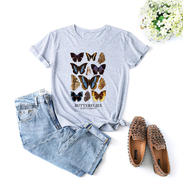 Summer Casual Streetwear Graphic Tee Shirt Butterfly Printed Fashionable Vintage 100% Cotton Women's T-Shirts Short Sleeve O Neck Ladies Tops
