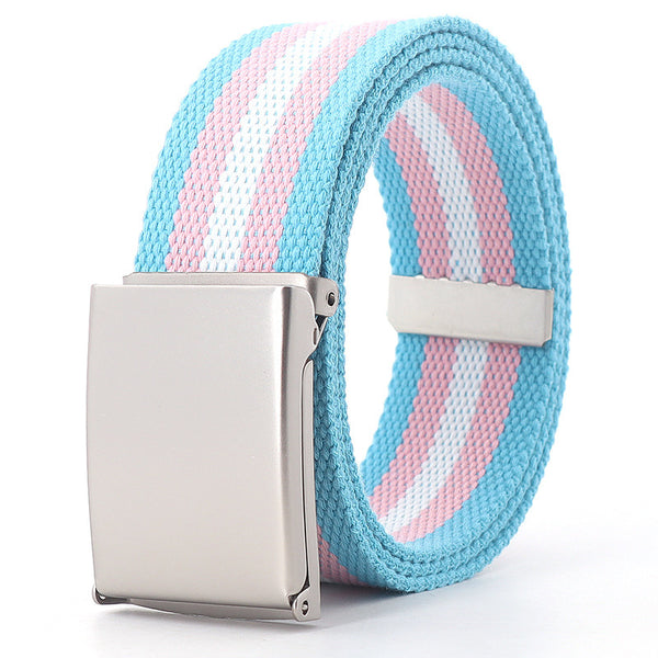 Wholesale High Quality Personalized Custom Luxury Genuine Colorful Stripes Canvas Belt For Ladies And Women With Metal Buckle
