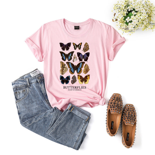 Summer Casual Streetwear Graphic Tee Shirt Butterfly Printed Fashionable Vintage 100% Cotton Women's T-Shirts Short Sleeve O Neck Ladies Tops