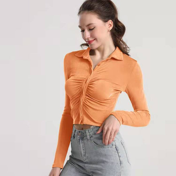Sidiou Group Spring Summer Polyester New Lapel Long-Sleeved Single-Breasted Fashion Tops Cheap Price Tight Sexy T Shirts For Women